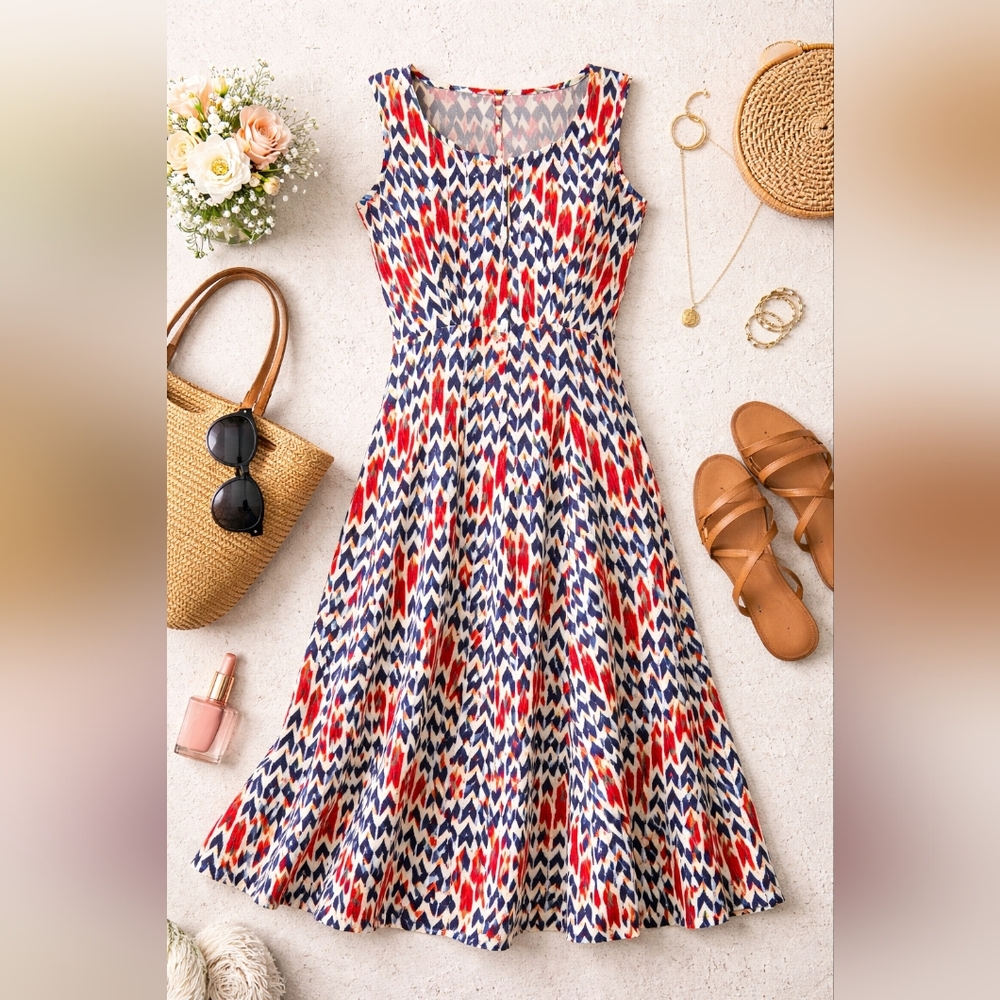 Haani Petite XL Retro Chevron Midi Dress Geometric Sleeveless Fit & Flare